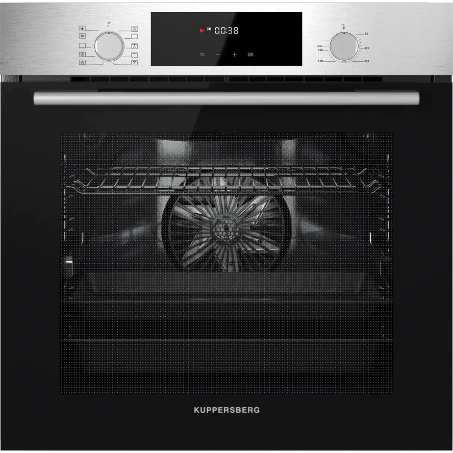 Встраиваемый духовой шкаф Kuppersberg HF 609 BX, High-Tech, объем 80 л, 10 режимов работы, телескопические направляющие, цифровой таймер, 2 стекла в дверце, утапливаемые переключатели, энергоэффективность А, черный/нержавеющая сталь