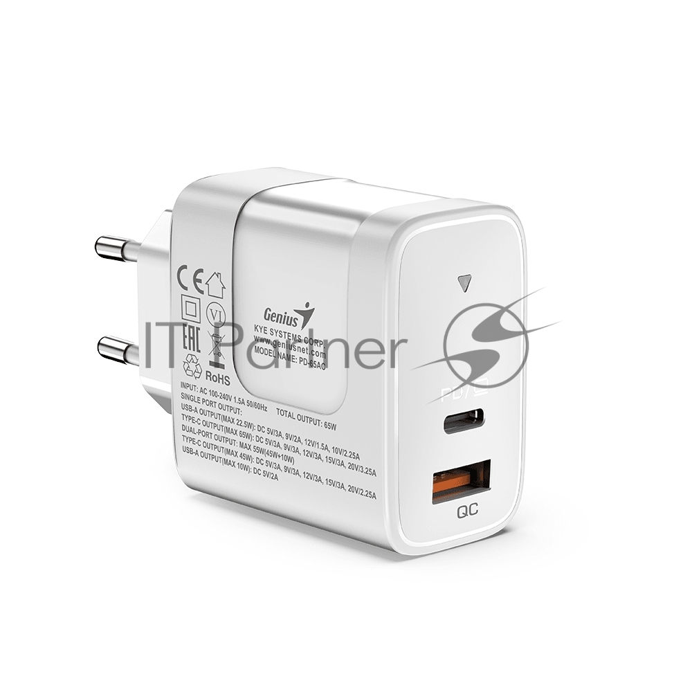 <118383> Сетевое зарядное устройство Genius PD-65AC 65W USB-A USB-C [32590010400]