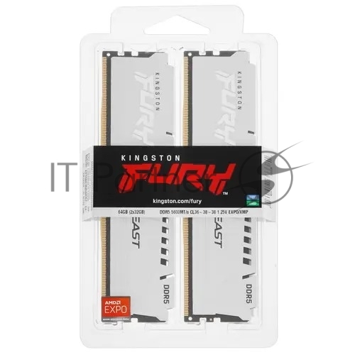 Оперативная память Kingston Fury Beast, DDR5, 64Gb (2x32 GB), 5600 MHz, CL36, DIMM, радиатор, белый