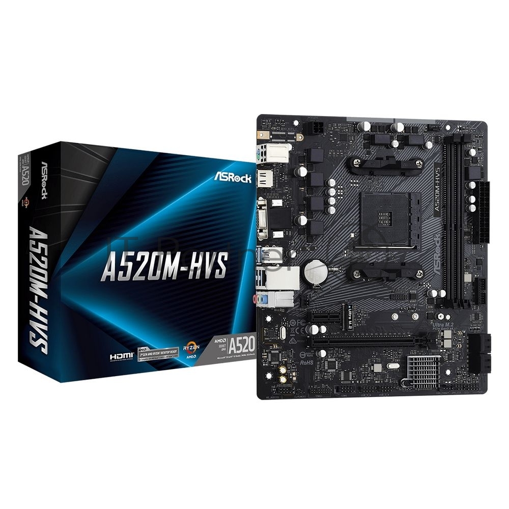 Материнская плата ASRock A520M-HVS, Socket AM4, AMD A520, 2xDDR4-3200, D-SUB+HDMI, 1xPCI-Ex16, 1xPCI-Ex1, 4xSATA3(RAID 0/1/10), 1xM.2, 8 Ch Audio, GLan, (2+4)xUSB2.0, (4+2)xUSB3.2, 1xPS/2, mATX, RTL {20}