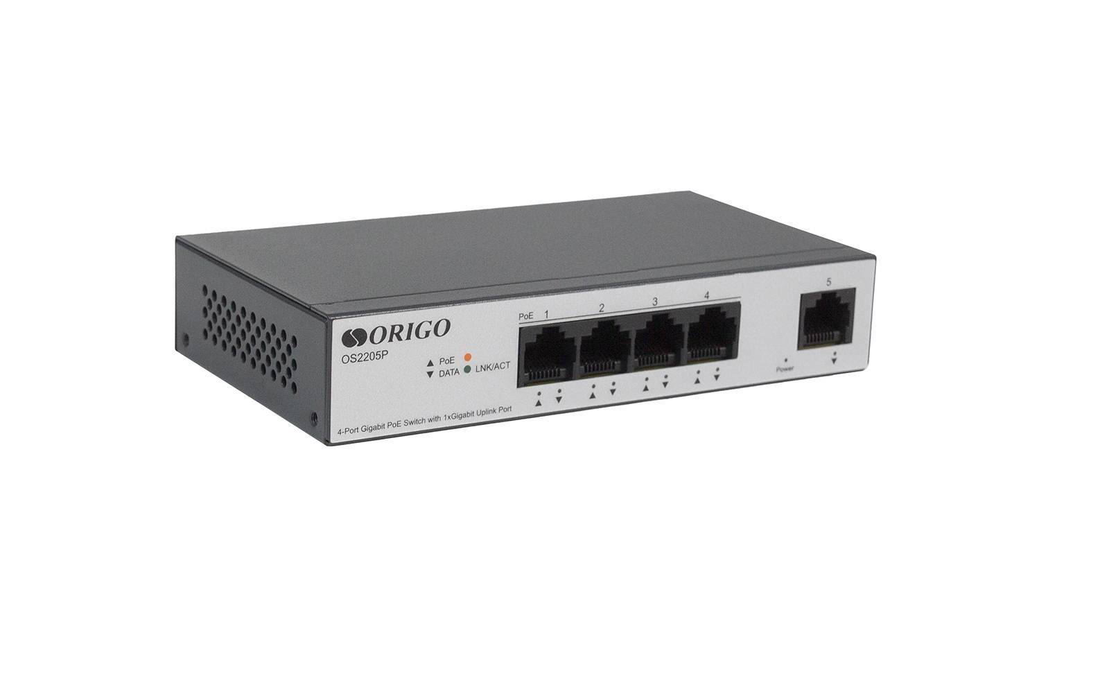 ORIGO OS2205P/60W/A1A Неуправляемый PoE-коммутатор 4x1000Base-T PoE+, 1x1000Base-T, PoE-бюджет 60 Вт, корпус металл