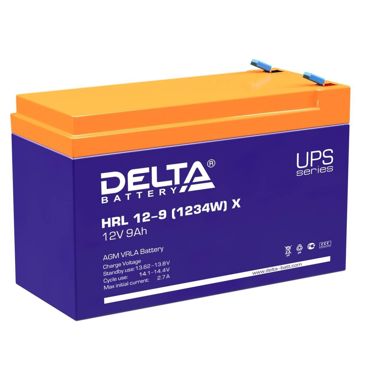 Аккумуляторная батарея DELTA HRL 12-9 (1234W) X (12В/9Ач, Тип: AGM, Клемма: F2, ДхШхВ: 151х65х94мм (Полная высота: 100мм), срок службы: 12 лет, Гарантия: 1г, вес: 2,55кг) (HRL 12-9 (1234W) X)
