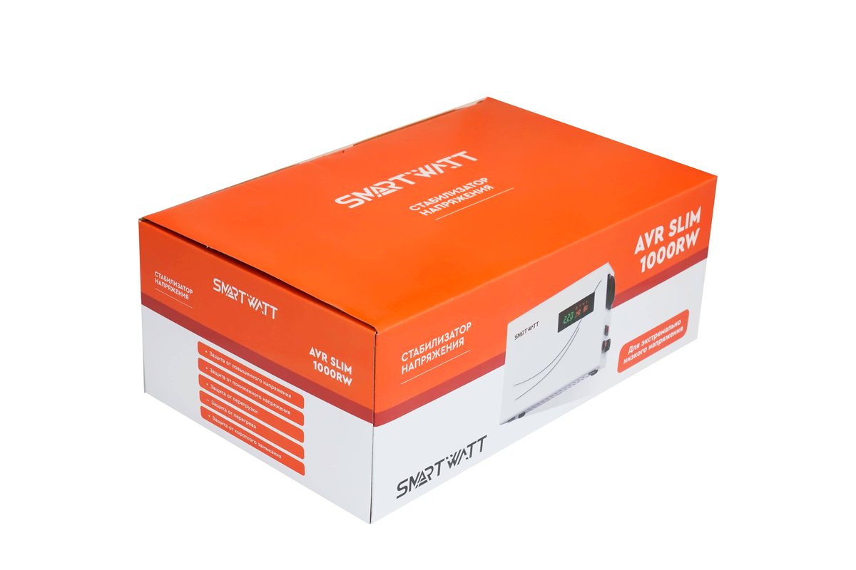 Настенный стабилизатор напряжения SMARTWATT AVR SLIM 1000RW (100W - 260W, 1000VA, 1 кВт, 50 Гц, розеток - 1, LED-дисплей