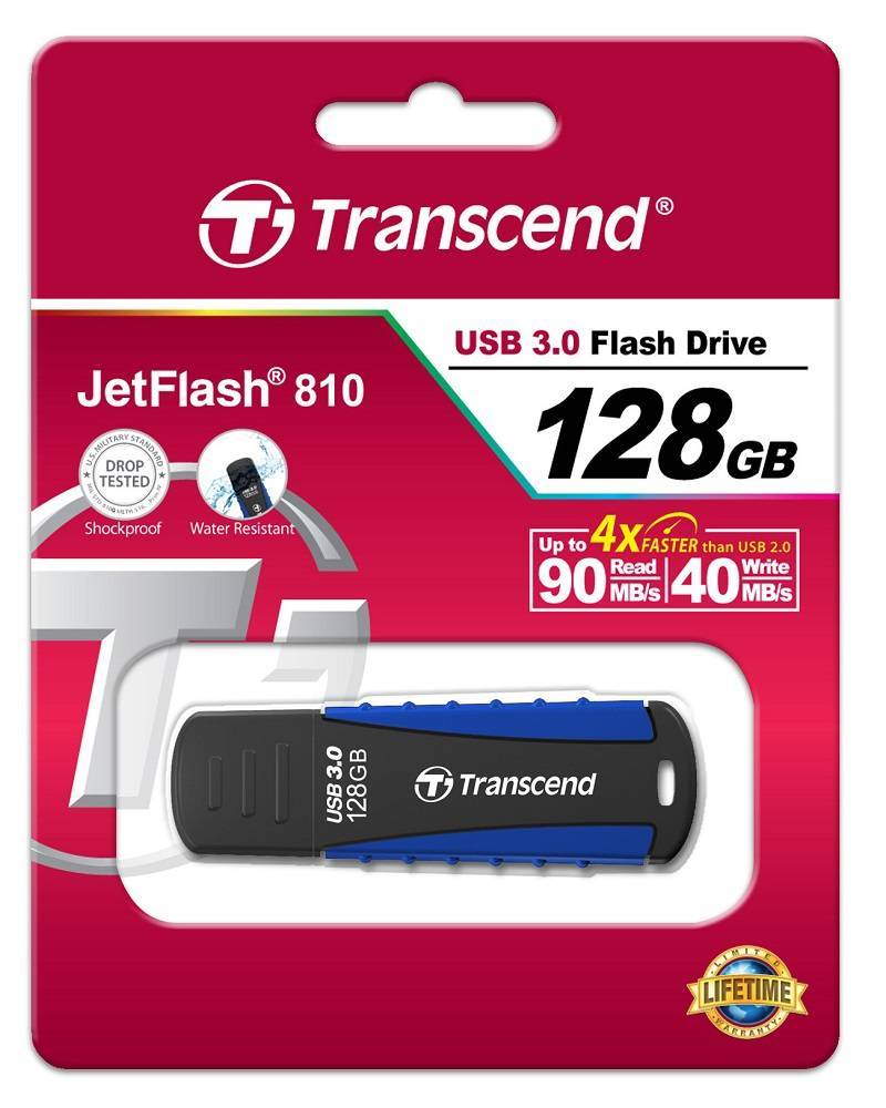 Флеш накопитель 128GB Transcend JetFlash 810, USB 3.1, Резиновый, Черный/Синий
