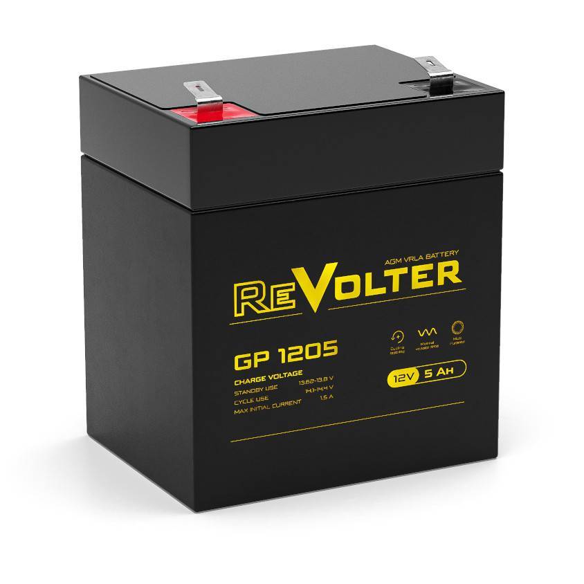 Аккумуляторная батарея REVOLTER GP 1205 12В,  емкость 5Ач, клемма F2 (90х70х102мм (103мм); Срок службы 5лет; Гарантия 1г