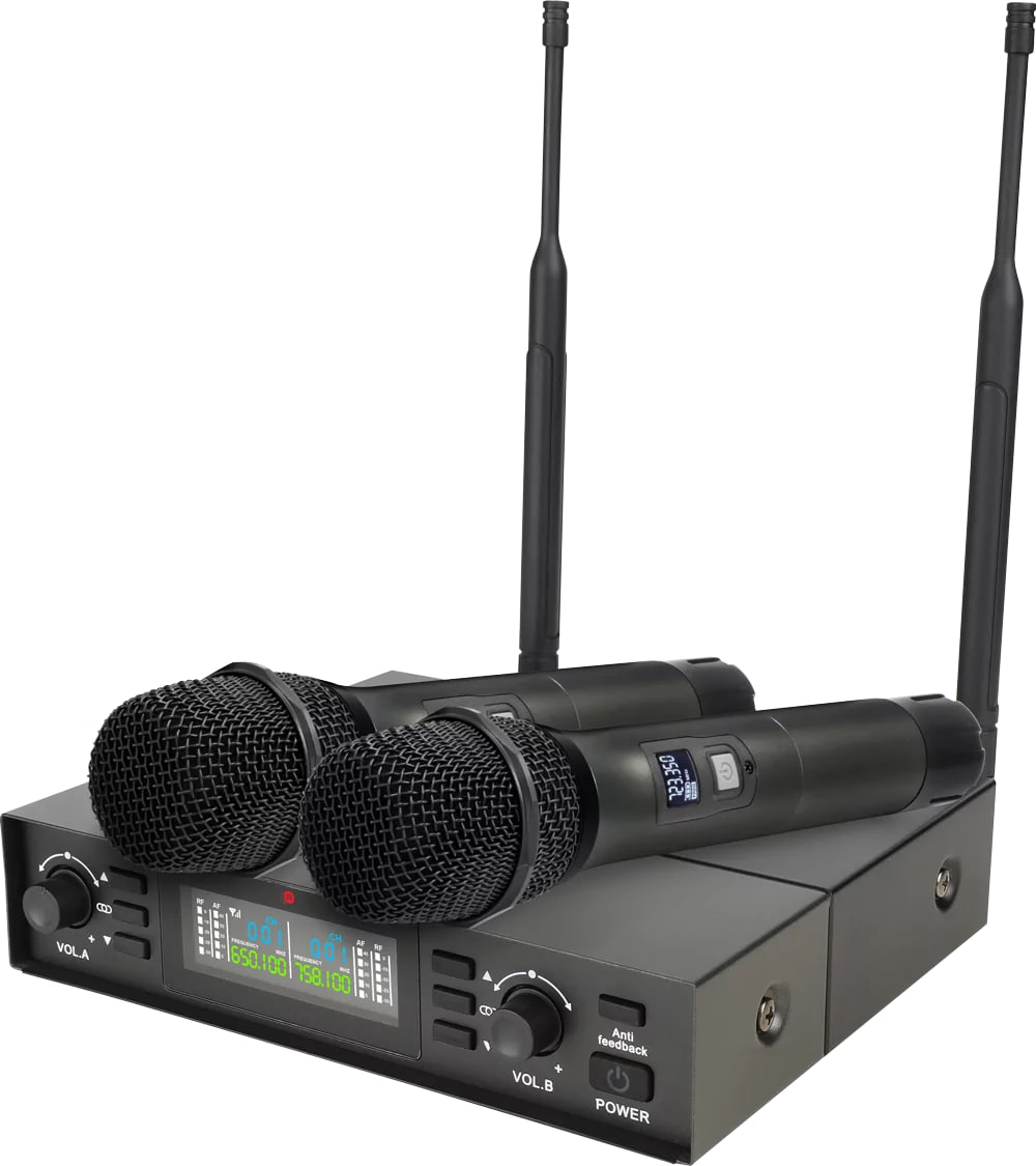 Микрофонная радиосистема Axelvox [DX800FK] UHF 650 - 758 MHz, подавитель обратной связи, цифровая модуляция, LCD дисплей, DSP, ручной микрофон - 2 шт.