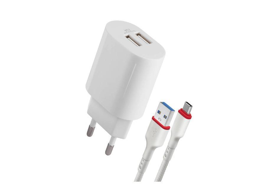 Defender Сетевое ЗУ UPC-24, 2 x USB, 5V/2.1А + кабель Type-C 1 метр, белый.