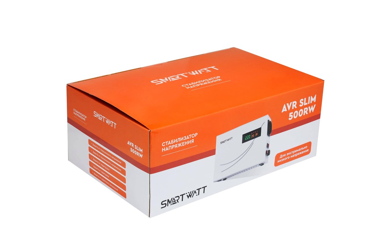 Настенный, стабилизатор напряжения SMARTWATT AVR SLIM 500RW (100W - 260W, 500VA, 0.5 кВт, 50 Гц, розеток — 1, LED-диспле