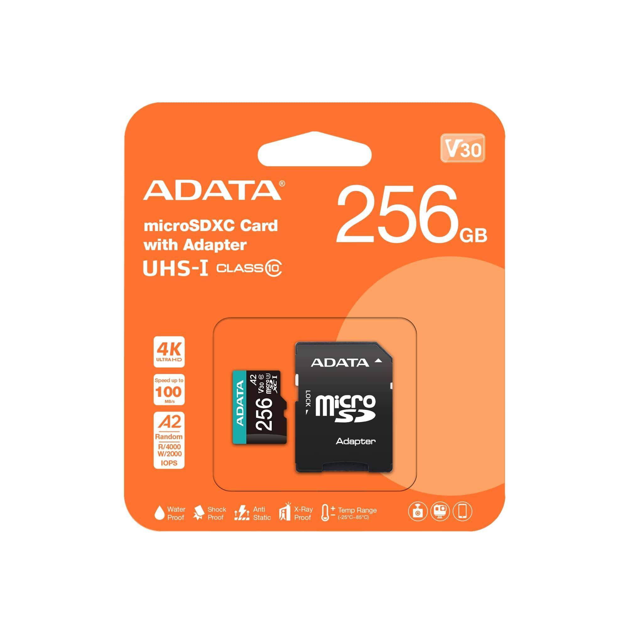 Карта памяти ADATA - Premier Pro, microSDXC, write speed 85Mb/s, read speed 100Mb/s, UHS-I Class 3, Class 10, 256GB, AUSDX256GUI3V30SA2-RA1