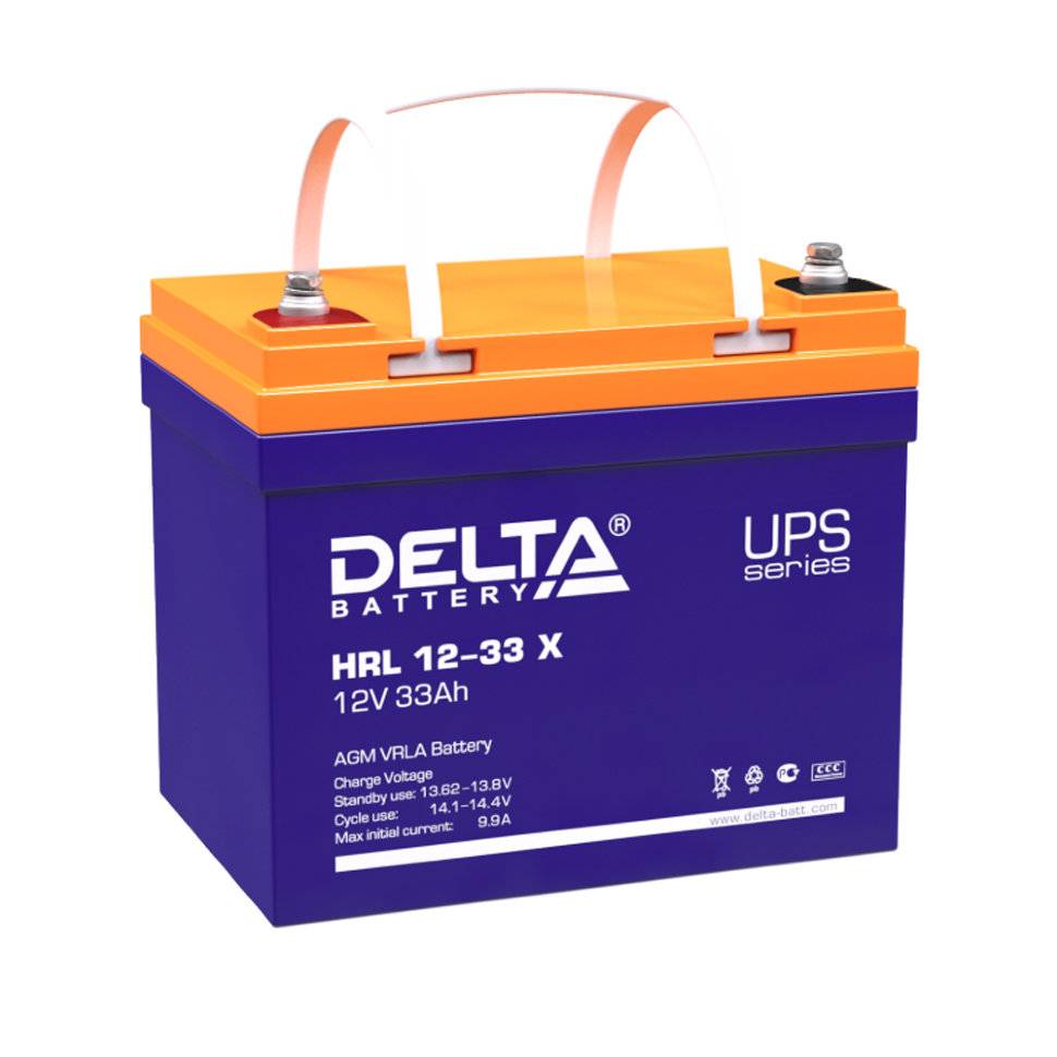 Батарея DELTA серия HRL-X, HRL 12-33 X, напряжение 12В, емкость 33Ач (разряд 10 часов),  макс. ток разряда (5 сек.) 330А, макс. ток заряда 9.9А, свинцово-кислотная типа AGM, клеммы под болт М6, ДxШxВ 195х130х155мм., вес 11.2кг., срок службы 12 лет./ Battery DELTA series HRL-X, HRL 12-33 X, voltage 12V, capacity 33Ah (discharge 10 hours), max. discharge current (5 sec.) 330A, max. charge current 9.9A, lead-acid type AGM, bolt terminals M6, LxWxH 195x130x155mm., weight 11.2kg., service life 12 yea