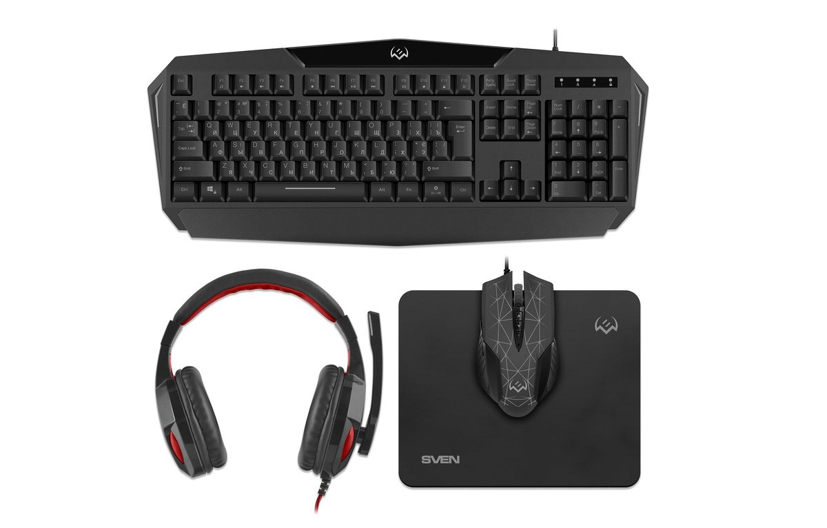 SVEN Комплект игровой клавиатура  + мышь + гарнитура + коврик GS-4300 (104 кл.+12Fn, 8 смен. кл., 200-4800DPI)