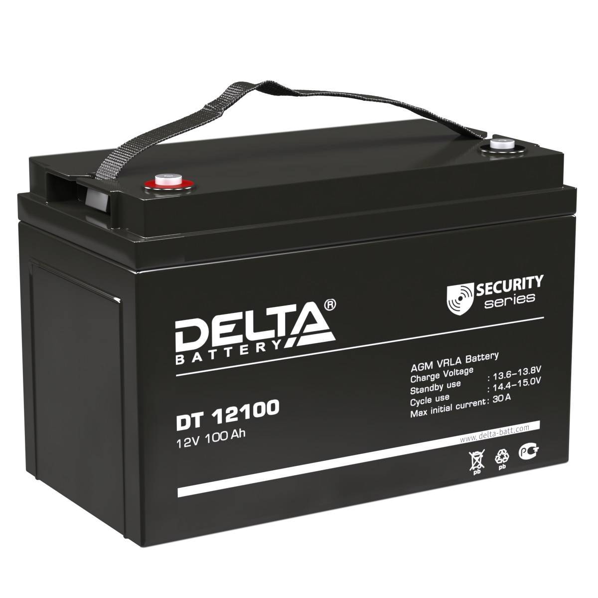 Батарея DELTA серия DT, DT 12100, напряжение 12В, емкость 100Ач (разряд 20 часов),  макс. ток разряда (5 сек.) 1000А, макс. ток заряда 30А, свинцово-кислотная типа AGM, клеммы под болт М8, ДxШxВ 330х173х215мм., вес 28.6кг., срок службы 7-10 лет./ Battery DELTA series DT, DT 12100, voltage 12V, capacity 100Ah (discharge 20 hours), max. discharge current (5 sec.) 1000A, max. charge current 30A, lead-acid type AGM, bolt terminals M8, LxWxH 330x173x215mm., weight 28.6kg., service life 7-10 years.