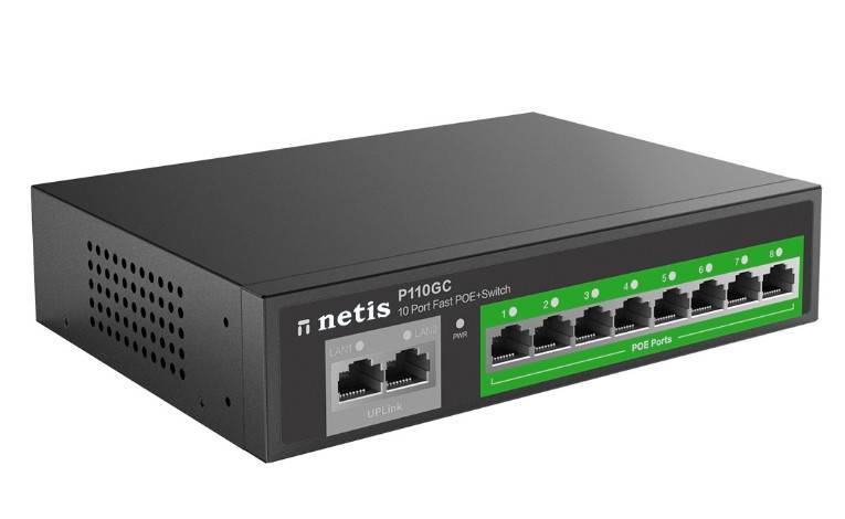 Netis P110GC Коммутатор неуправляемый PoE+, 10 портов, 10x1 Гбит/с, PoE+ 8х30 Вт (до 120Вт), Uplink RJ45 2*1 Гбит/с
