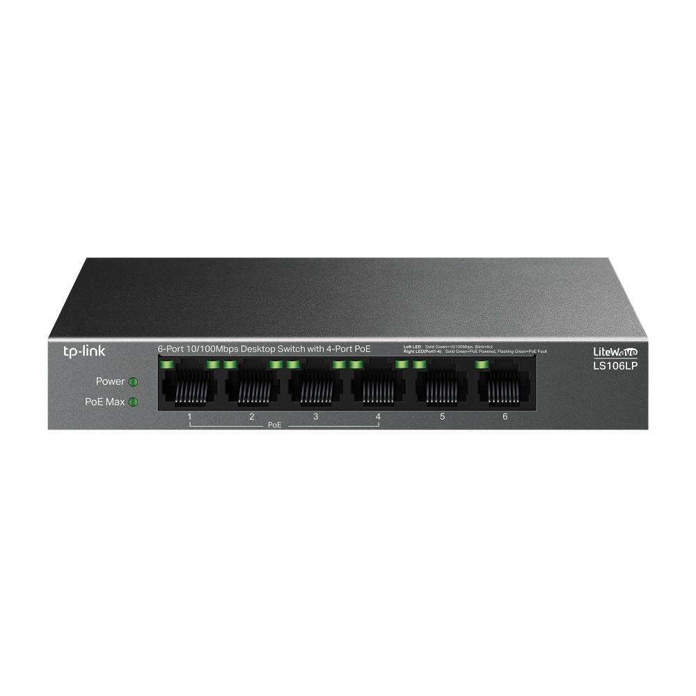 Коммутатор 6-портовый TP-Link LS106LP, Настольный 10/100 Мбит/с (4 порта PoE), 802.3af, бюджет PoE — 41 Вт, до 250 метров, PoE