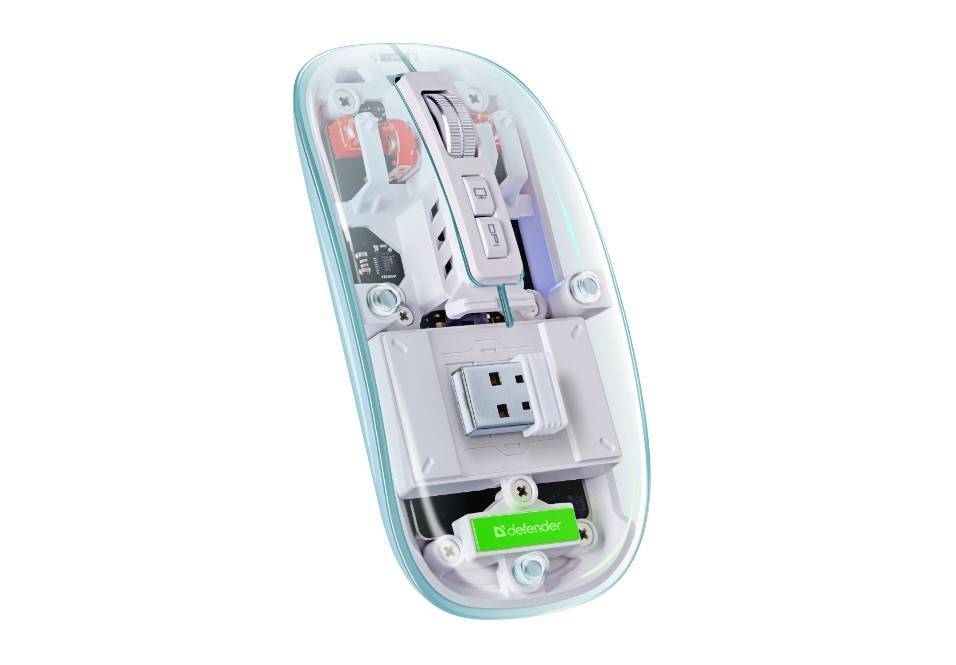 Defender Беспроводная мышь Defender IXES MM-999 LED (52999) Bluetooth и радиоканал 2.4Ghz, 2400 dpi, прозрачная