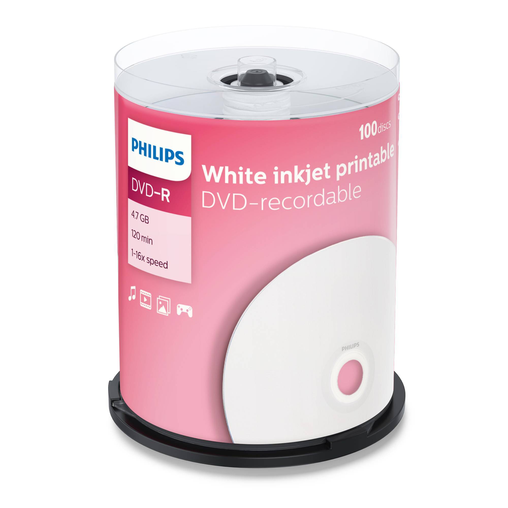 Диск DVD-R Philips 4.7 Gb, 16x, Cake Box (100) Printable