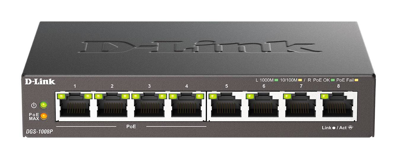 D-Link DGS-1008P/F1A Неуправляемый коммутатор с 8 портами 10/100/1000Base-T (4 порта PoE 802.3af/at, PoE-бюджет 60 Вт)