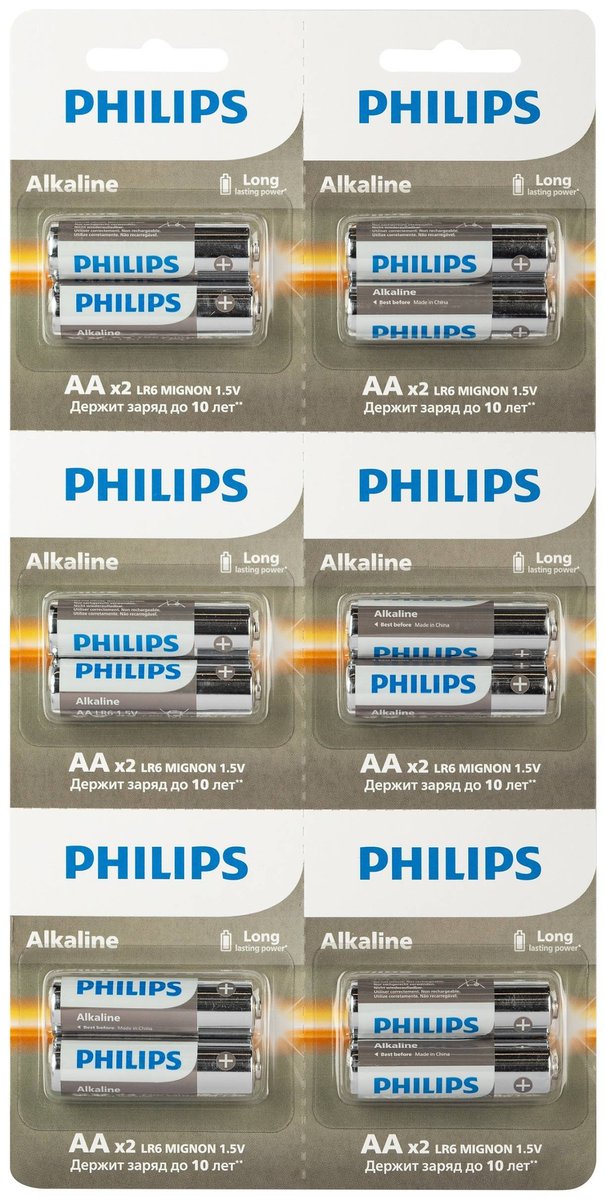 Philips Батарейки LR6A12S/51 АА алкалиновые 1,5v, LR6-2BL Entry (12/72/216/14688). Блистер 2х6 шт.