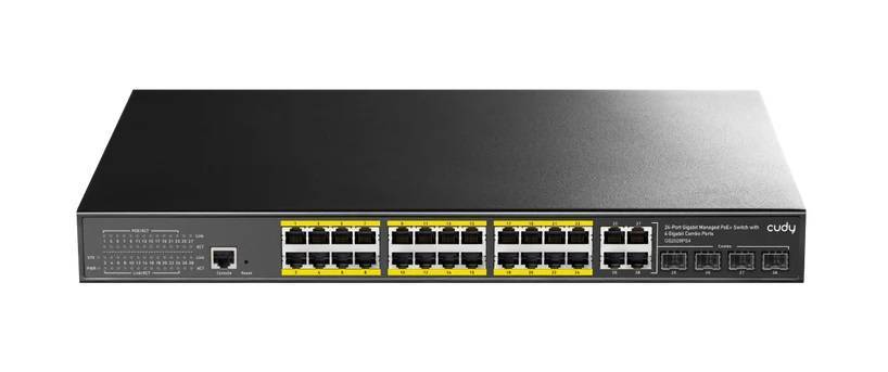Коммутатор CUDY 24-Port Layer 2 Managed Gigabit PoE+ Switch with 4 Gigabit Combo Ports  300W Layer 2 Managed 28 Ports 10/100/1000M PoE Switch ,1-24 Port support POE (802.3at/af) ,with 4 Uplink Gigabit SFP/ETH Combo port + 1 Managed Port, IEEE 802.3af/at Standard, Each Port Max support 30W, Support QOS, STP/RSTP/MSTP、 IGMP、SNMP、WEB、VLAN、 EtherChann