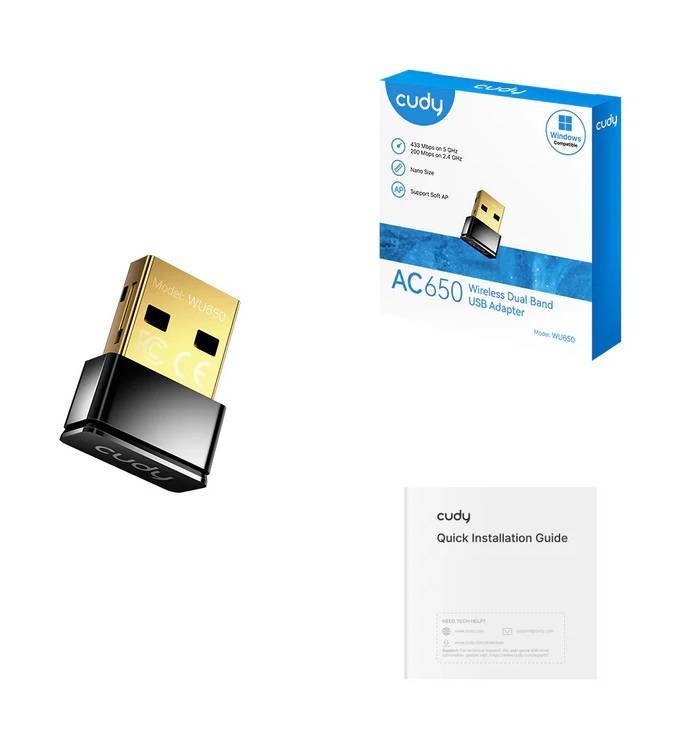 Cudy WU650 2.0 Компактный USB-адаптер Wi-Fi AC650, 2,4/5 ГГц, до 633 Мбит/с, сверхкомпактный корпус, USB 2.0