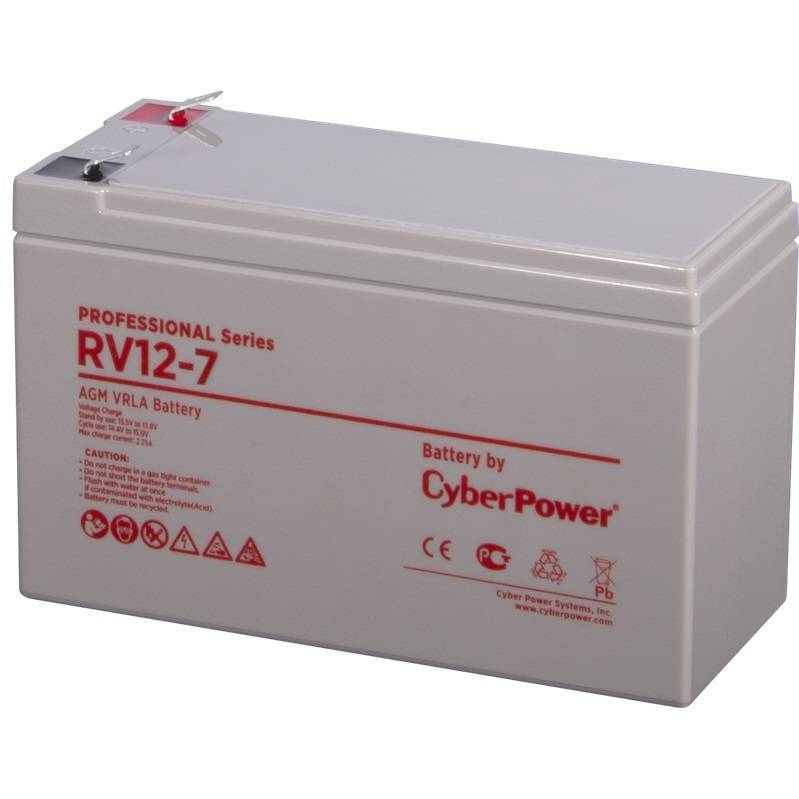 Батарея CyberPower Professional series RV 12-7, напряжение 12В, емкость 7.6Ач (разряд 20 часов), емкость 7.5Ач (разряд 10 часов), макс. ток разряда (5сек) 112А, макс. ток заряда 2.25А, свинцово-кислотная типа AGM, клеммы F2, ДхШхВ 151х65х94мм., полная высота с клеммами 100мм., вес 2.6кг., срок службы 8 лет. RV 12-7