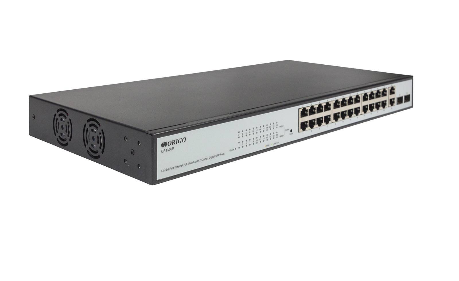 Коммутатор ORIGO Настраиваемый L2 PoE-коммутатор, 24x100Base-TX PoE, 2xCombo 1000Base-T/SFP, PoE-бюджет 280 Вт, комплект для установки в 19" стойку