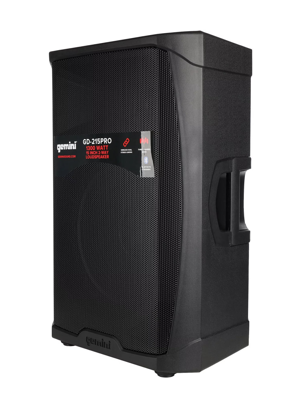 Акустическая система Gemini [GD-215PRO] Активная, 2-х полосная, мощность RMS/Peak 280/1300 Вт, Max Peak SPL 120 Вт, динамики: 15" НЧ, 1,35" ВЧ, входы: 1/8 TRS AUX, 2x 1/4" TRS, 2x XLR, 2x RCA AUX, выходы: XLR Mix Out, Bluetooth, микрофон