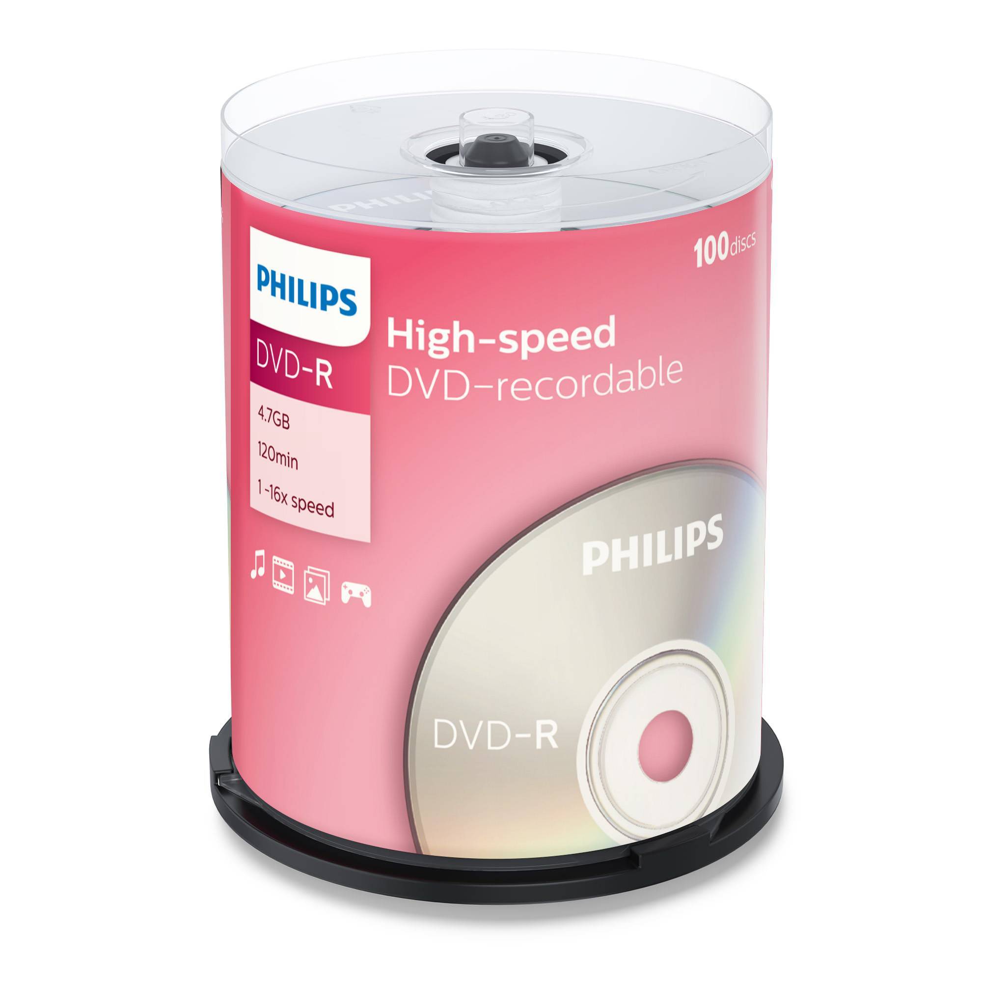 Диск DVD-R Philips 4.7 Gb, 16x, Cake Box (100)
