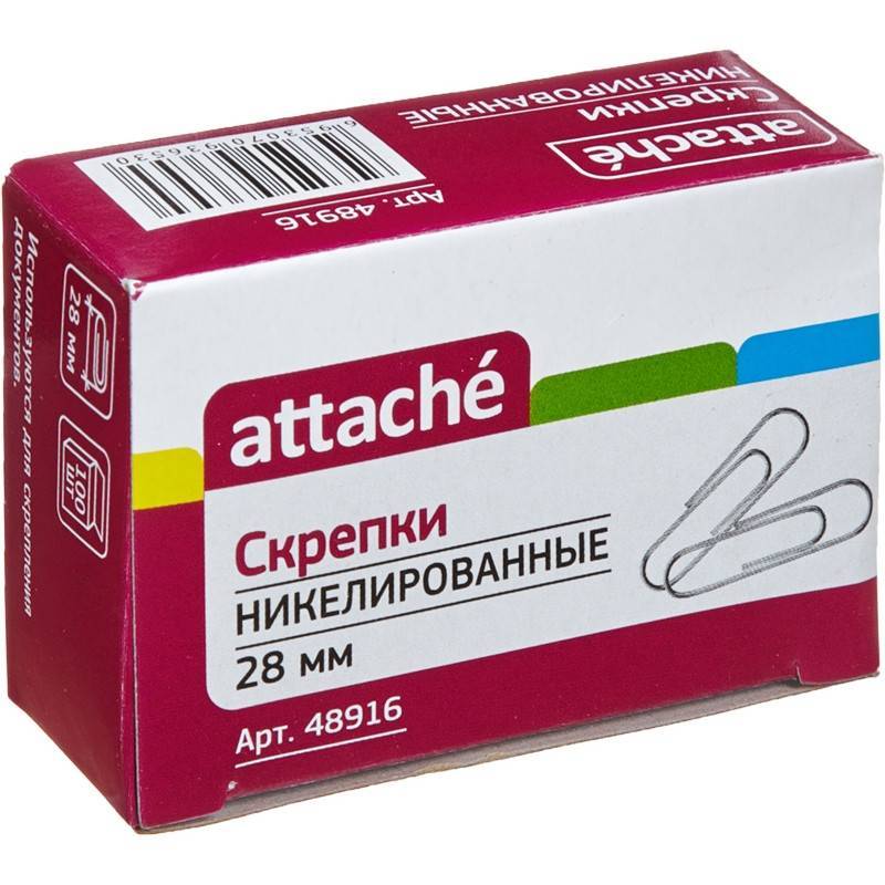 Скрепки Attache, 28 мм, никелированные, 100 шт. в карт.уп