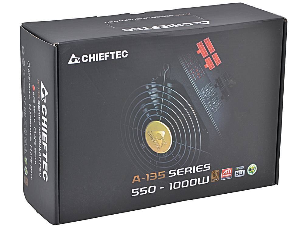 Блок питания Chieftec A-135 APS-550СB <550W, (20+4+4+4) pin, 2x(6+2) pin, 6xSATA, 4xMolex, 2xFDD, 14 см, 85%, частично м