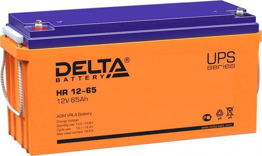 Аккумуляторная батарея Delta HR 12-65 12В/65Ач, клемма Болт М6 (350х167х179мм (179мм); 23,4кг; Срок службы 10-12лет; Гар