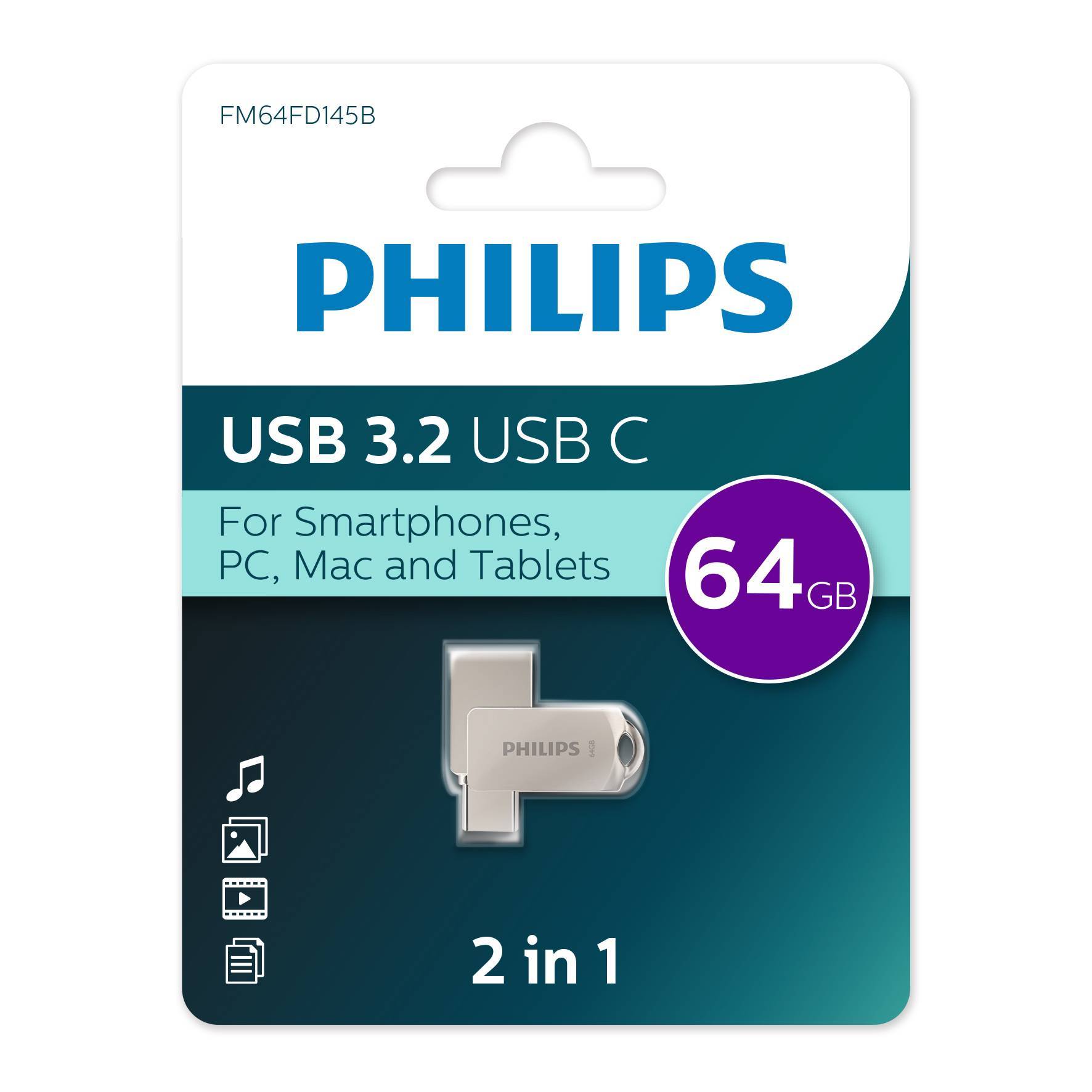 <115105> Флешка .64Gb PHILIPS 2-in-1 USB 3.2 USB C, OTG, USB 3.2/Type-C, Металл, 100 MB/s [FM64FD145B/97]