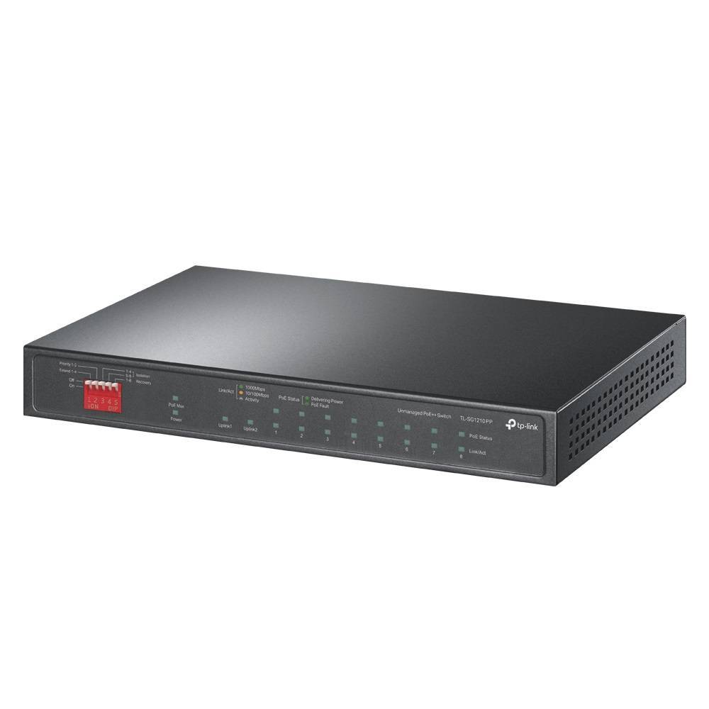 TP-link, 10-портовый настольный гигабитный коммутатор с 6 портами PoE+ и 2 портами PoE++. Порты: 2 х гигабитных порта PoE++, 6 х гигабитных порта PoE+, 2 х гигабитных порта без PoE, 1 х гигабитный Combo SFP слот. Спецификация: 802.3af/at/bt type3, бюджет PoE 123 Вт,  настольный металлический корпус. Особенности: расширенный режим для передачи PoE на 250 м для портов 1-4, приоритетный режим для портов 1-2, режим изоляции для портов 1-4/5-8, автовосстановление РоЕ для портов 1-4, не требует настройки