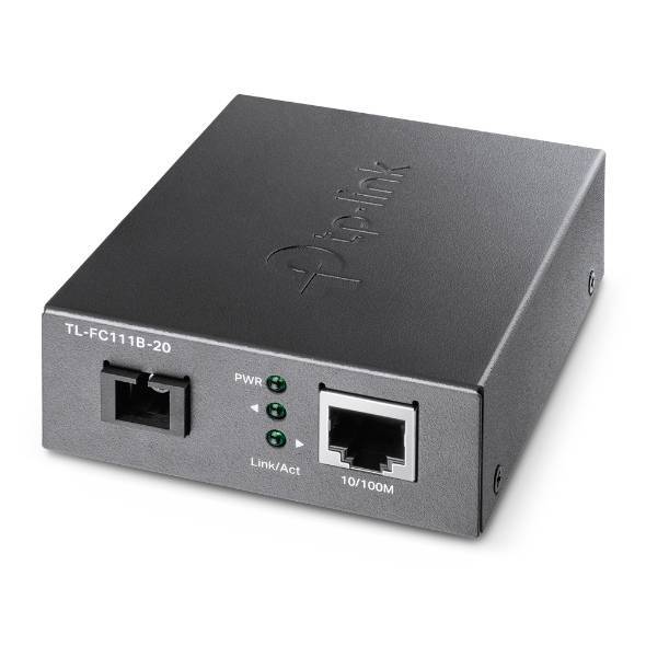 TP-Link 10/100 Mbps RJ45 to 100 Mbps Single-mode SC WDM Bi-Directional Fiber Converter. PORT: 1× 100Mbps SC Port, 1× 10/100M RJ45 Port (Auto MDI/MDIX). SPEC: Full-duplex, Tx:1310 nm, Rx:1550 nm, Up to 20 km, Chassis TL-FC1420 Rack-mountable (FC111B-20)