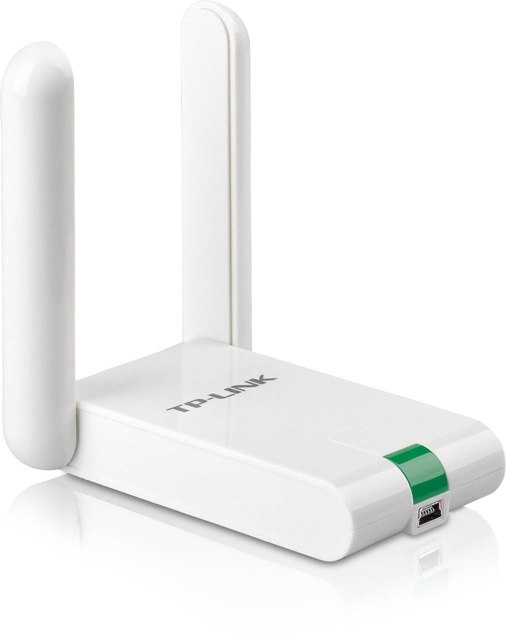 TP-Link 300Mbps High Gain Wi-Fi USB Adapter. SPEED: 300 Mbps at 2.4 GHz. SPEC: 2× High Gian External Antennas, Mini USB 2.0, Extension Cable. FEATURE: WPS Button (WN822N)