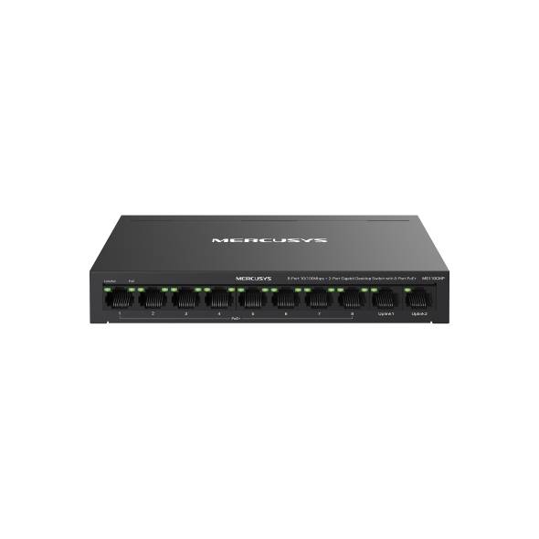 Mercusys MS110CMP Настольный коммутатор с 10 портами, 8x100 Мбит/с, SFP/uplink RJ-45 2x1 Гбит/с, PoE 8x30Вт (макс 115Вт)