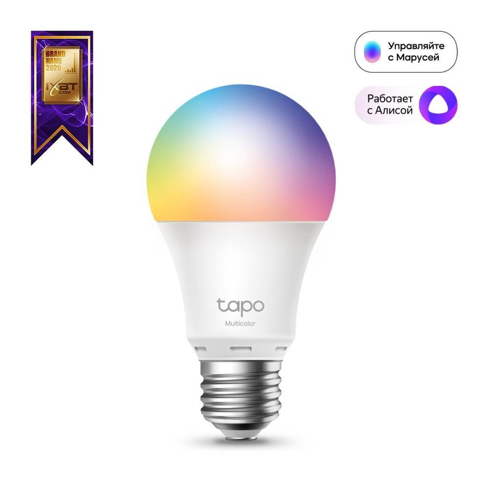 Умная многоцветная Wi‑Fi лампа Tapo Smart WiFi Bulb, A60 size，E27 base, 9.5W, 16 million colors, 2000k-6500k tunable white, 800 lumens brightness and diммable, 802.11b/g/n 2.4G WiFi connection, work with 200-240 V, 50/60 Hz power voltage and frequency, work with Yandex Alice/Goo