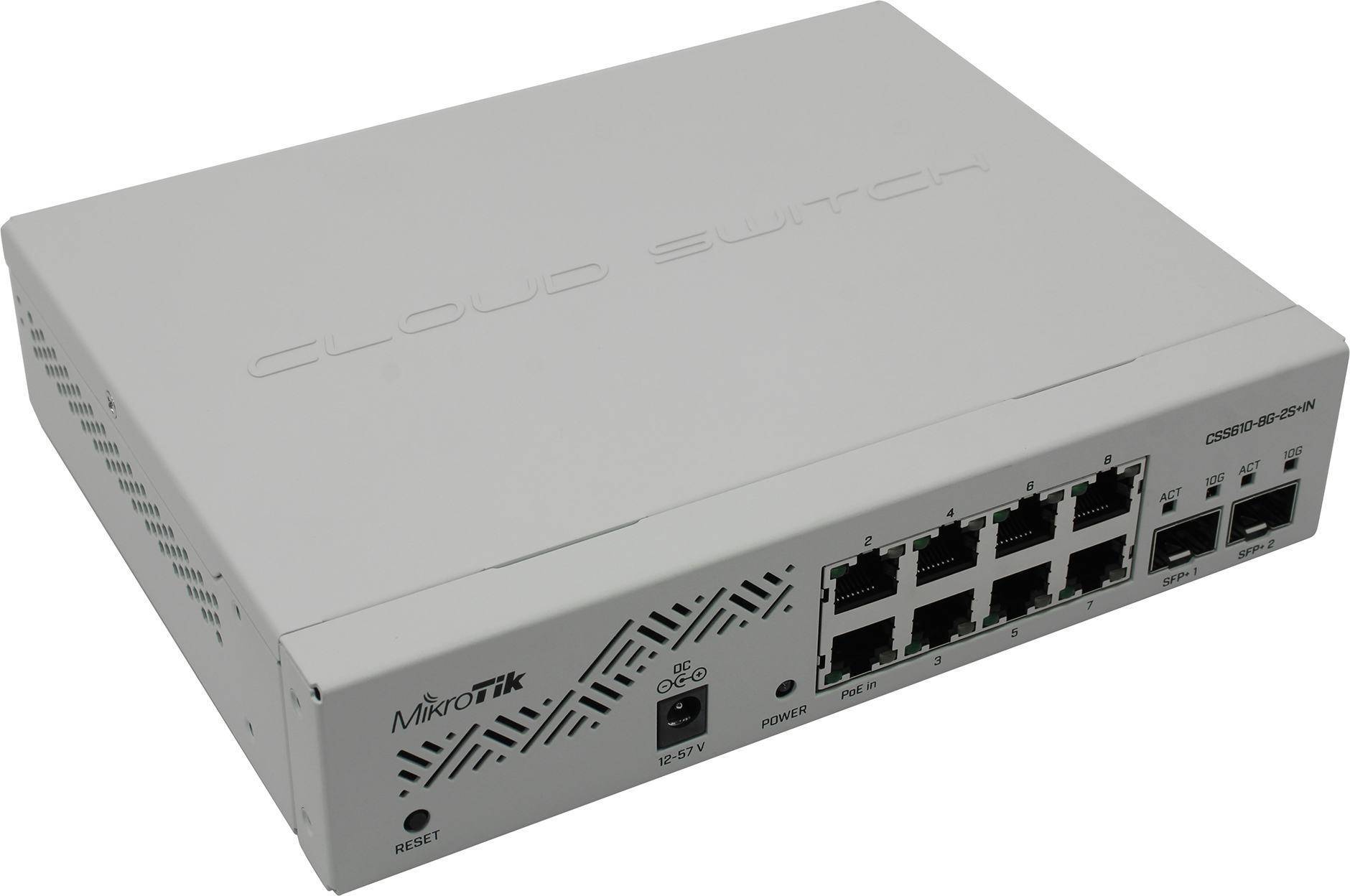 Коммутатор Web Mikrotik - Cloud Smart Switch 610-8G-2S+IN, Layer 2, 8-1GbE, 2-SFP+, SwOS, Web, в стойку, белый, CSS610-8G-2S+IN