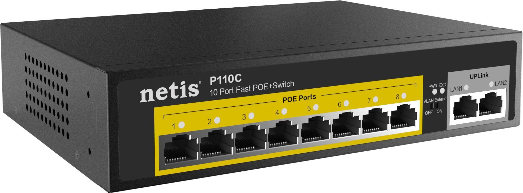 Коммутатор NETIS P110C, неуправляемый, 8×100M PoE+, 2×100M, 120 Вт