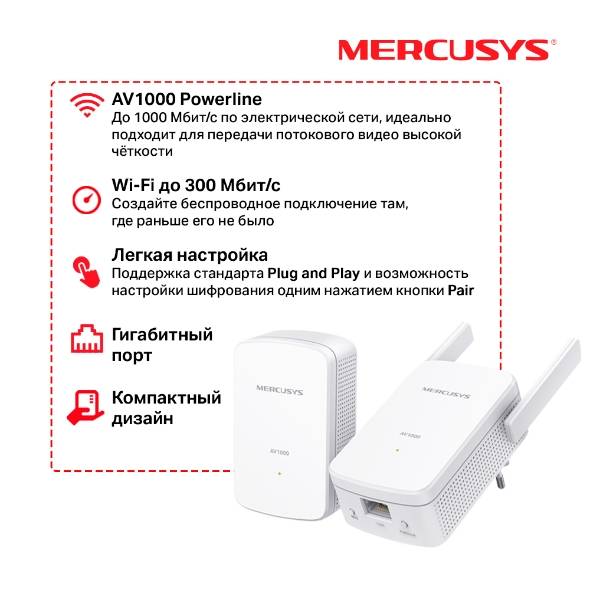 Mercusys MP510 KIT Комплект гигабитных адаптеров Powerline AV1000 с поддержкой Wi‑Fi N300