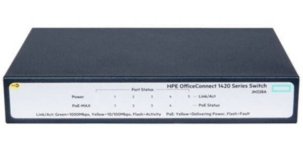 HPE 1420 5G PoE+ Switch( Unmanaged, 5*10/100/1000 Poe+ 32W, QoS, Fanless) ( JH328A )