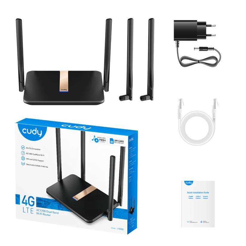 Cudy LT500D Wi-Fi 4G LTE Cat.4 роутер AC1200, 2,4/5 ГГц, до 1167 Мбит/с, 3G, 4G, LAN 3x100 Мбит/с, WAN 1x100 Мбит/с