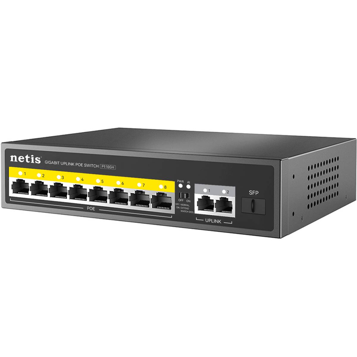 Netis P110GH Коммутатор неуправляемый PoE+, 10 портов, 10x100 Мбит/с, PoE+ 8х30 Вт (до 120Вт), Uplink RJ45 2*1 Гбит/с