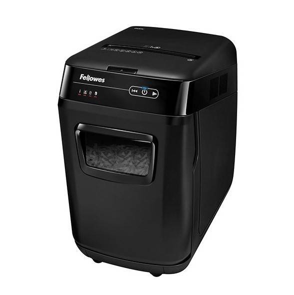 Fellowes® Шредер AutoMax® 200C (автоподача 200 листов), 32 литр, 4х38 мм (класс 4), автореверс, скобы/скрепки/карты/CD.