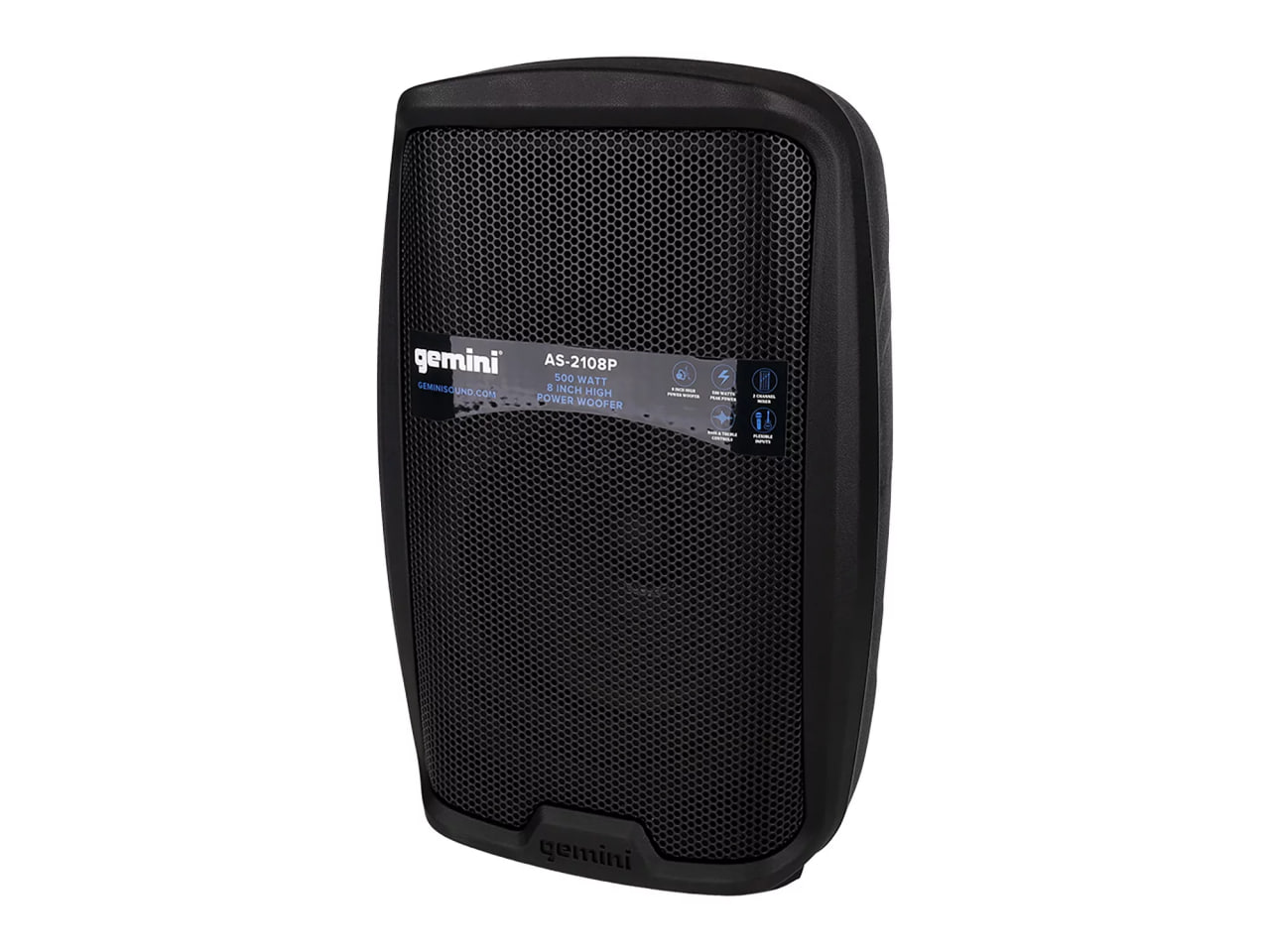 Акустическая система Gemini [AS-2108P] Активная, 2-х полосная, мощность RMS/Peak 250/500 Вт, АЧХ 60-20000 Гц, Max SPL 98 дБ, динамики: 8" НЧ, 1" ВЧ, входы: 1/8" TRS AUX, RCA (L/R) AUX, 2xXLR микрофонные, 2x1/4" линейные, выходы: XLR Mix