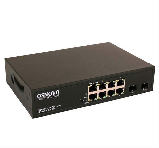 Коммутатор OSNOVO SW-80802(150W), неуправляемый, 8×1GbE PoE, 2×SFP, 150W