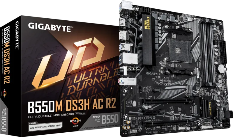 Материнская плата GIGABYTE B550M DS3H AC R2, AM4, B550, 4*DDR4, 4*SATA, 2*M.2, 4*USB 3.2, 2*USB 2.0, 2*PCIx16, 1*PCIx1, HDMI+DP, mATX