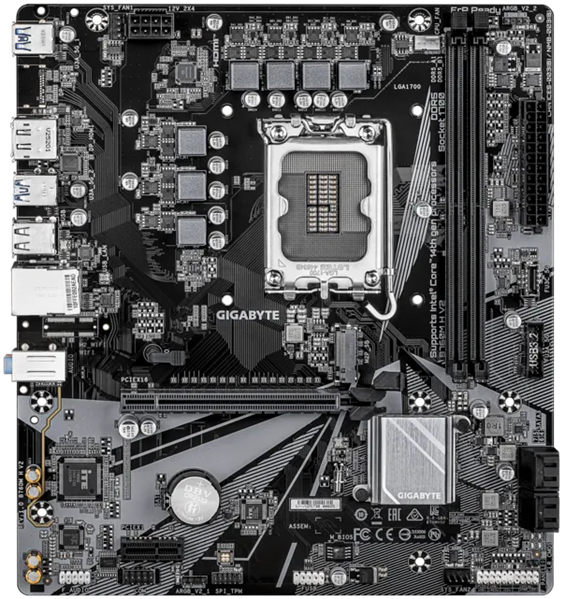 Материнская плата Gigabyte B760M H V2, LGA1700, Intel®B760, 2xDDR5-4800, HDMI+DP, 1xPCI-Ex16, 1xPCI-Ex1, 4xSATA3(RAID 0/1/5/10), 1xM.2, 8Ch Audio, GLan, (4+2)xUSB2.0, (3+2)xUSB3.2, (0+1)xUSB3.2 Type-C™, mATX, RTL bp (B760M H V2 плохая упаковка)