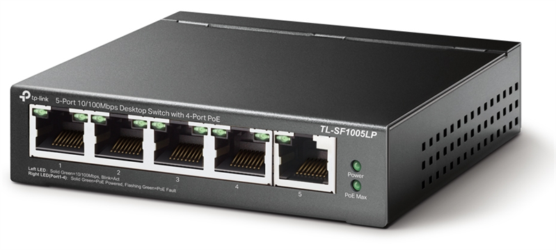 коммутатор TP-Link TL-SF1005LP, 5-Port 10/100 Mbps Desktop Switch with 4-Port PoE, 41 W, 250m