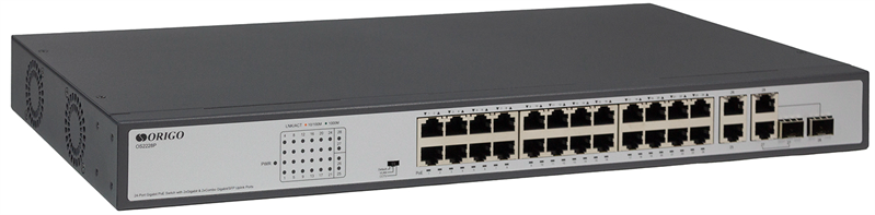 Коммутатор ORIGO Неуправляемый PoE-коммутатор, 26x1000Base-T (24x1000Base-T PoE), 2xCombo 1000Base-T/SFP, PoE-бюджет 370 Вт, PoE до 250 м, комплект для установки в 19" стойку